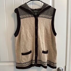 Eddie Bauer Cream and Dark Brown Hooded Button-Front Knit Vest